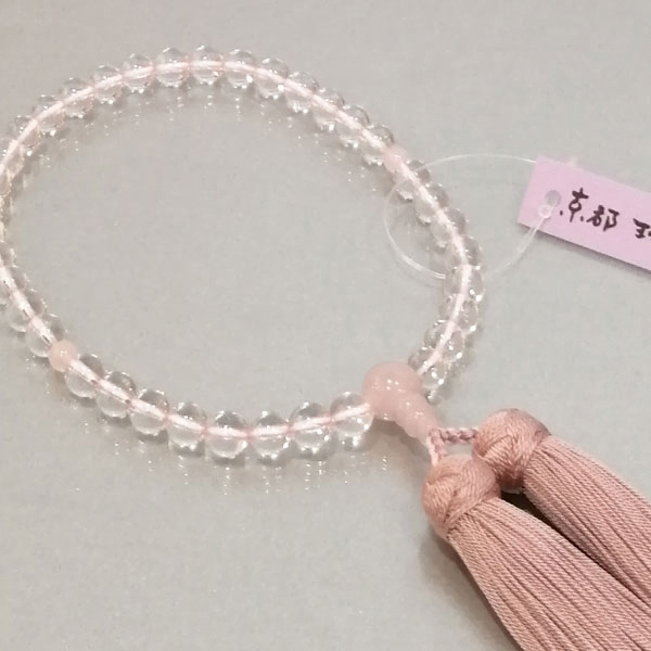 数珠 女性用「水晶 ローズクォーツ入り」正絹古都房付き
